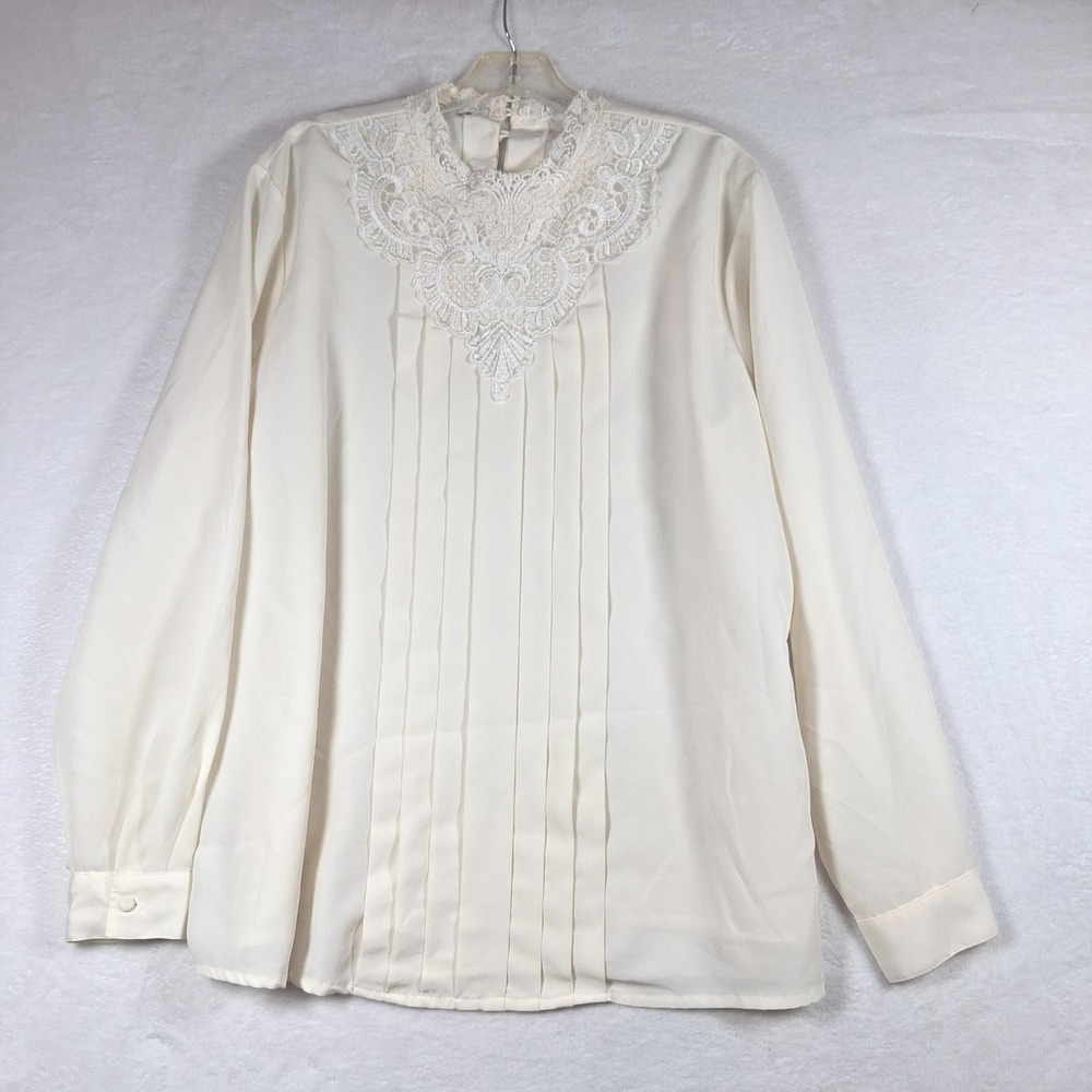 Vintage Cream Lace Bib Pintuck Pleated Blouse Long Sleeve Ivory Top XL Victorian